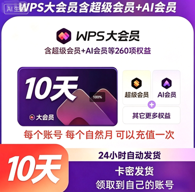 WPS大会员10天-卡密直冲 每自然月限制充1次