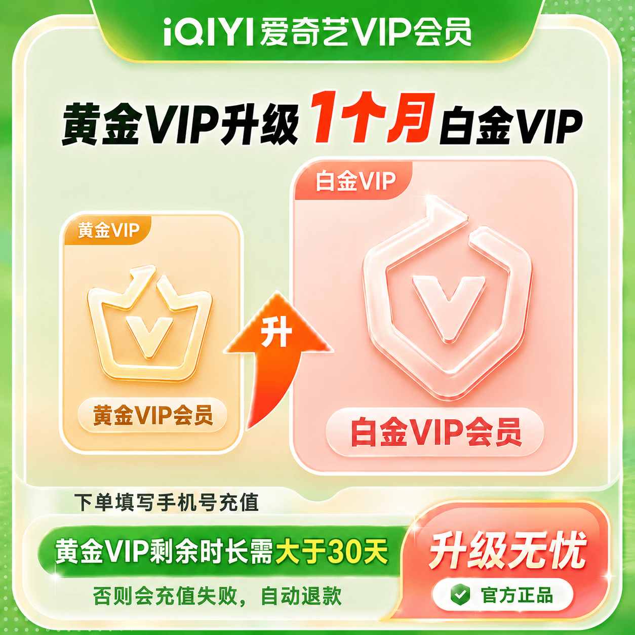 【官方直充】爱奇艺黄金VIP升级白金VIP1个月